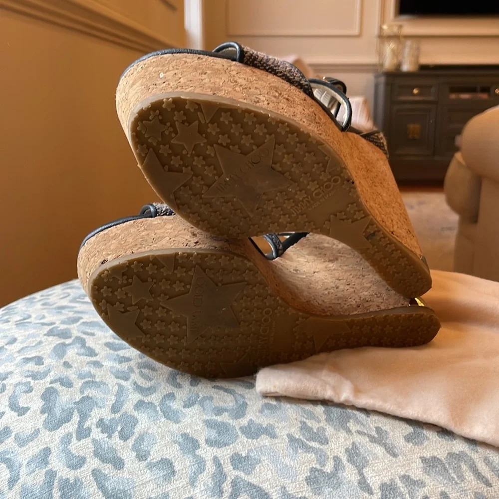 Jimmy Choo Portia Wedge Sandals Navy Cork Two-Tone Leather Size 38 EU Chic Style